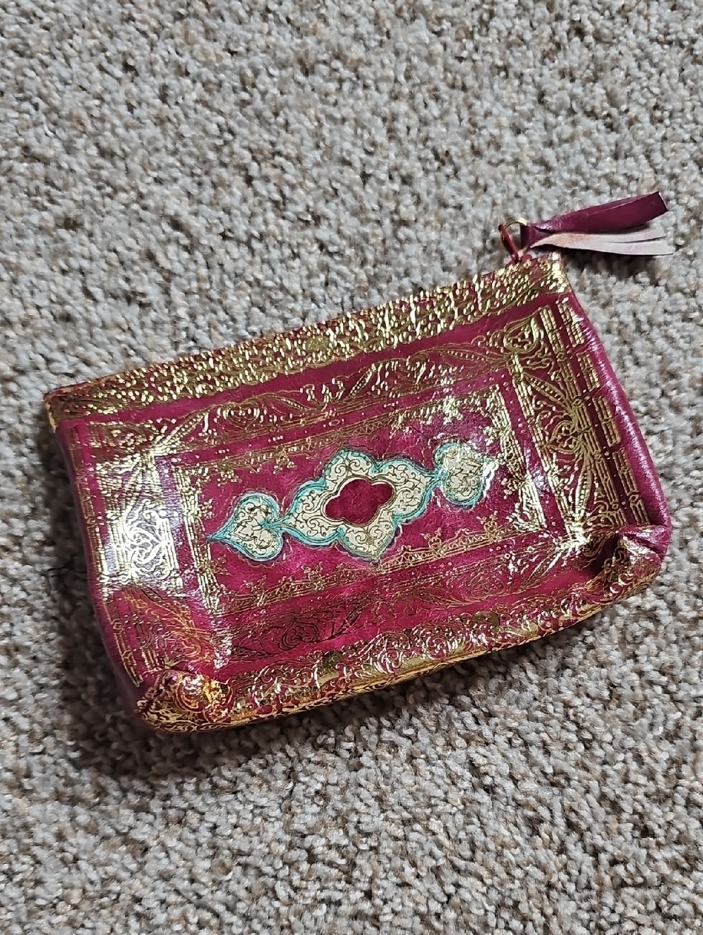 Vintage Vera Pelle Italy Gold Accent Pink Zip Pouch Makeup Bag